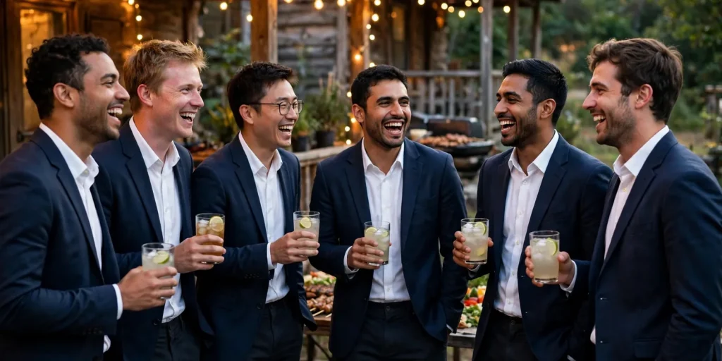Group of friends laughing together at a bachelor weekend celebration outdoors in the evening