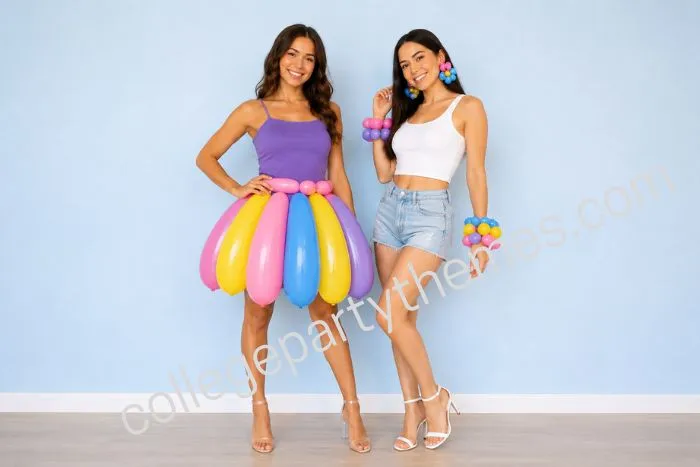College girl wearing colorful balloon skirt pink yellow blue purple anything but clothes ABC party