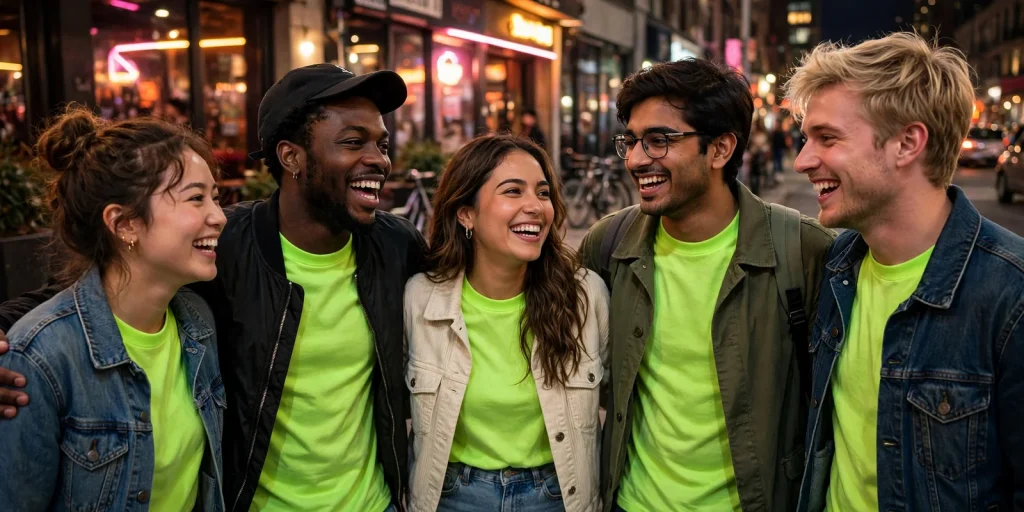 Friends in matching neon team shirts on a bar crawl