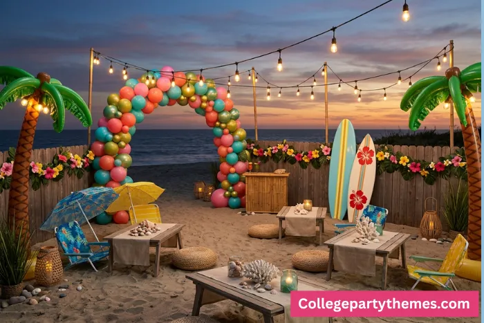 Beach party decorations inflatable palm trees balloon arch seashells surfboard props beach umbrellas flower garlands 2026