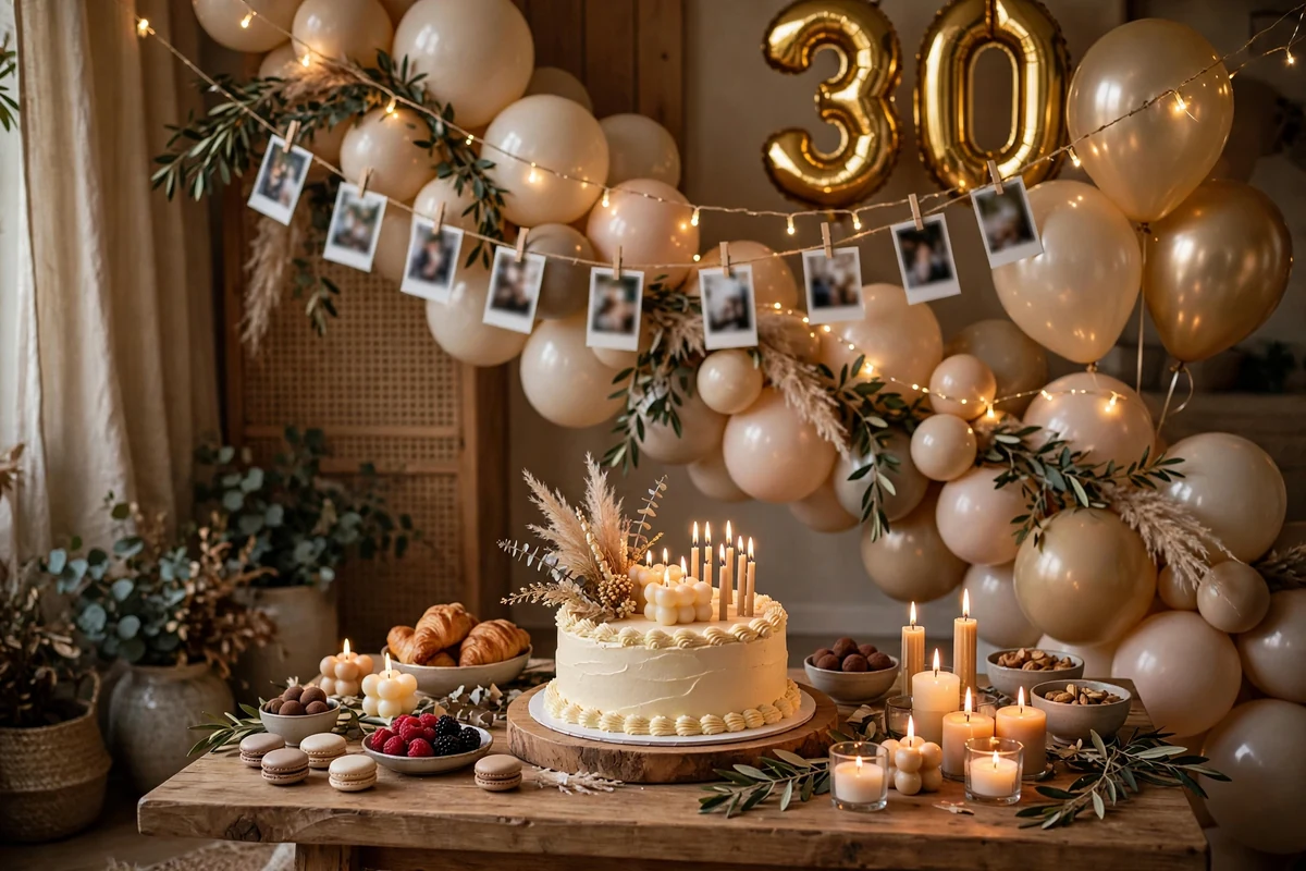 Birthday party table setup with gold number balloons, cake, and candles