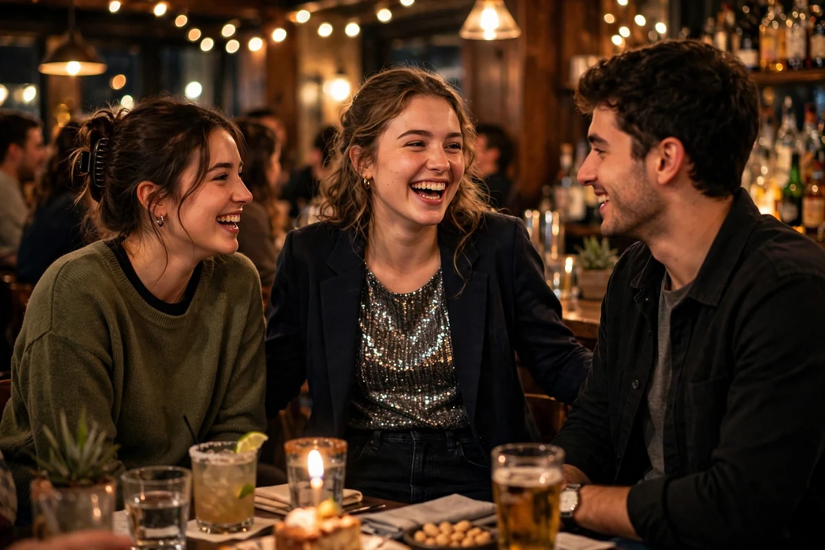 Young woman in jeans and a sparkly top at a birthday bar night