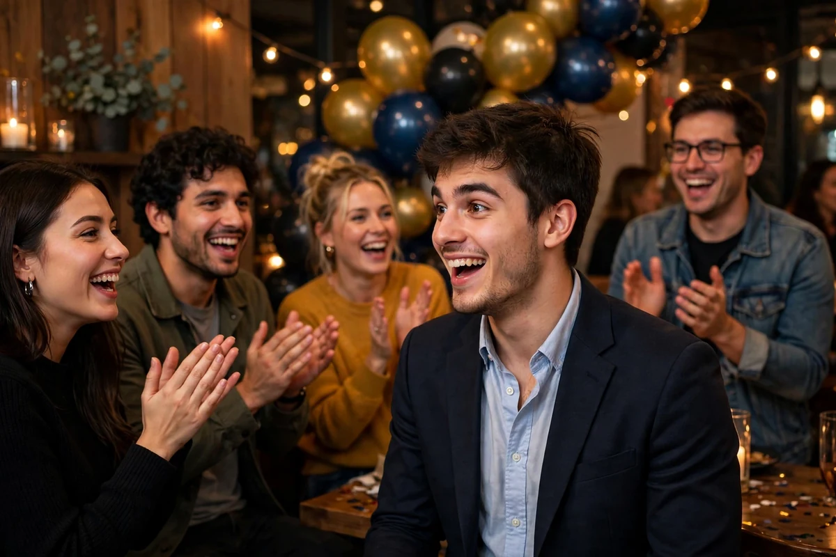 Young man in a dark blazer at a birthday party