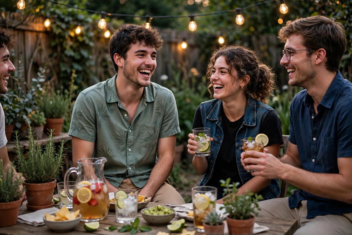 Young man in a casual button-down shirt at a backyard birthday