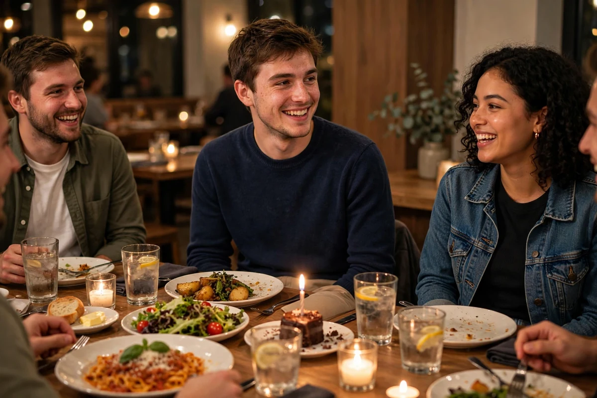 Young man in a navy sweater at a birthday dinner