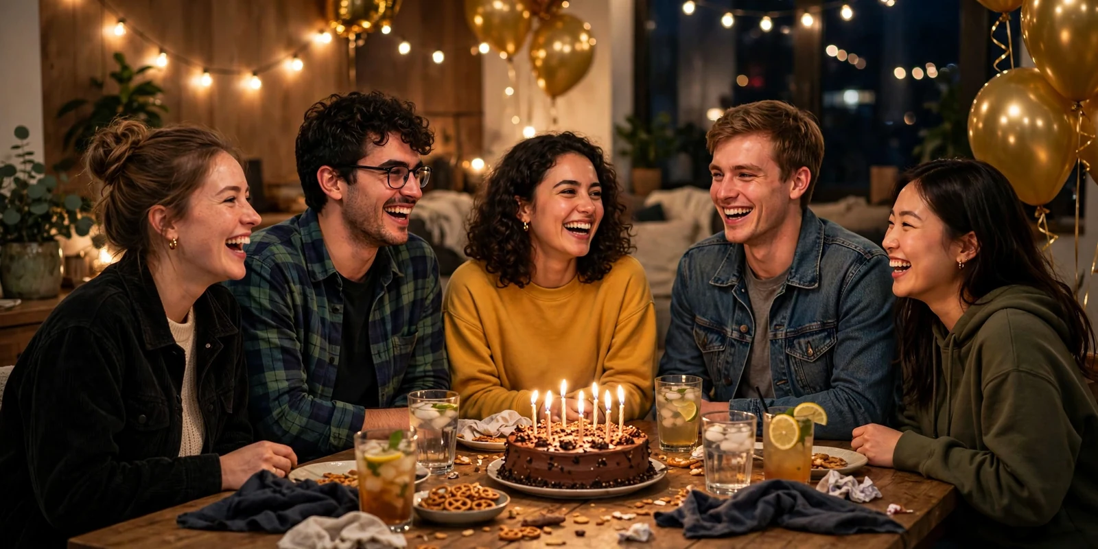 Group of college friends celebrating an adult birthday party around a table with cake and drinks