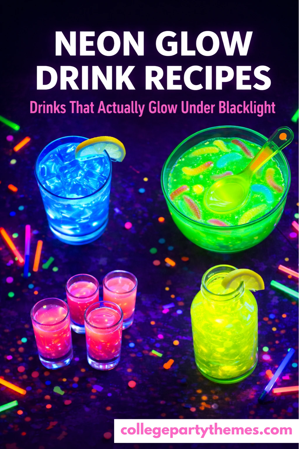 Neon glow party drinks under blacklight blue tonic cocktail green punch pink shimmer shots
