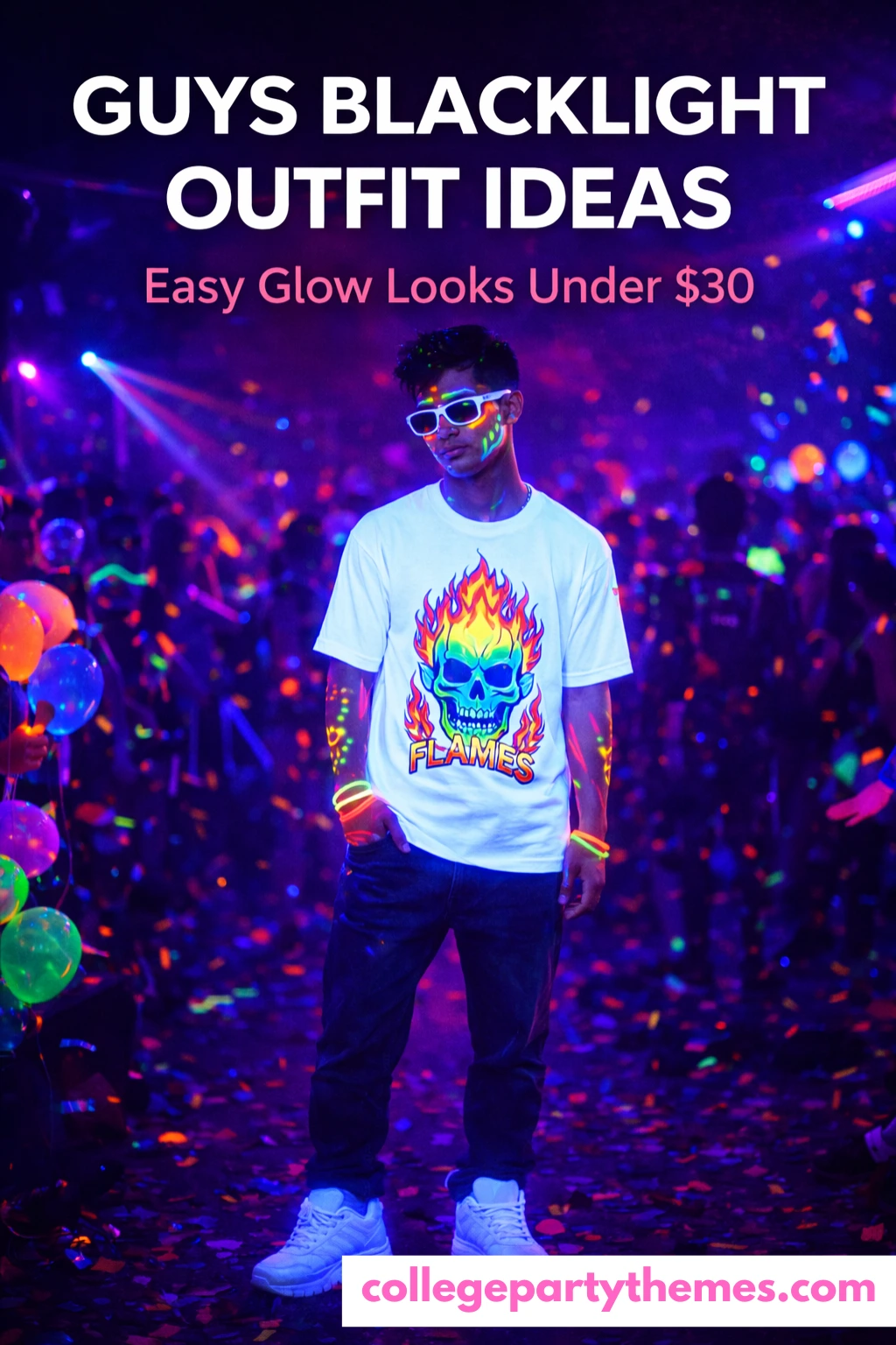 College guy blacklight rave party outfit white tee glowing under UV light with neon face paint