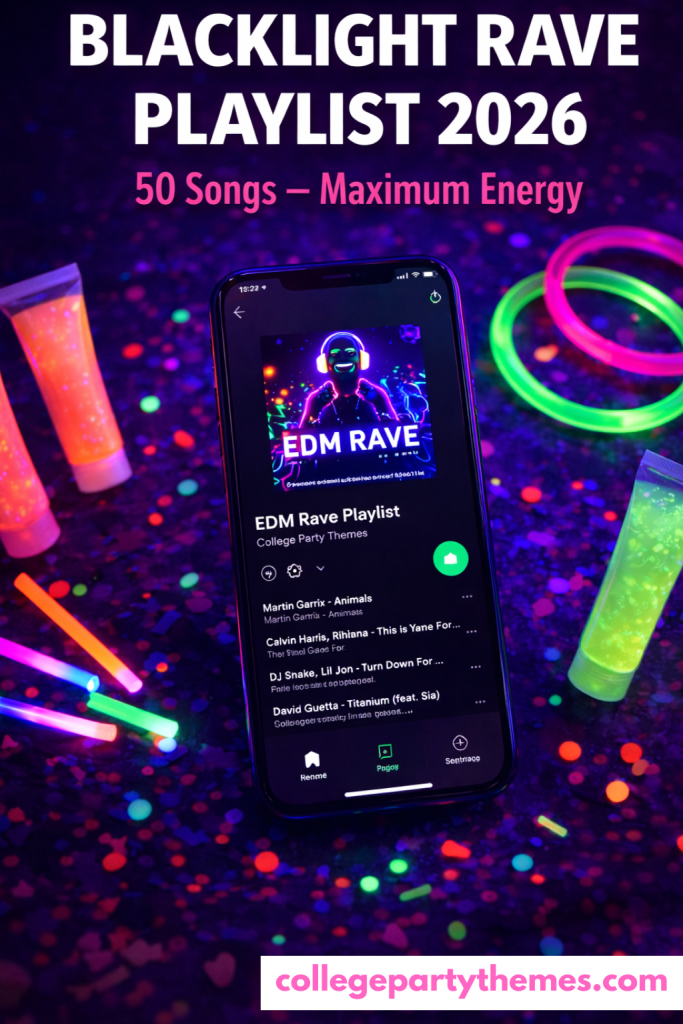 Blacklight rave party playlist 2026 EDM songs on Spotify with glow sticks and neon accessories