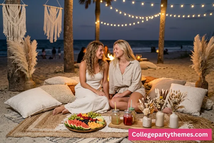 Boho beach picnic party theme two college girls neutral linen outfits pampas grass macrame woven rugs fruit platter