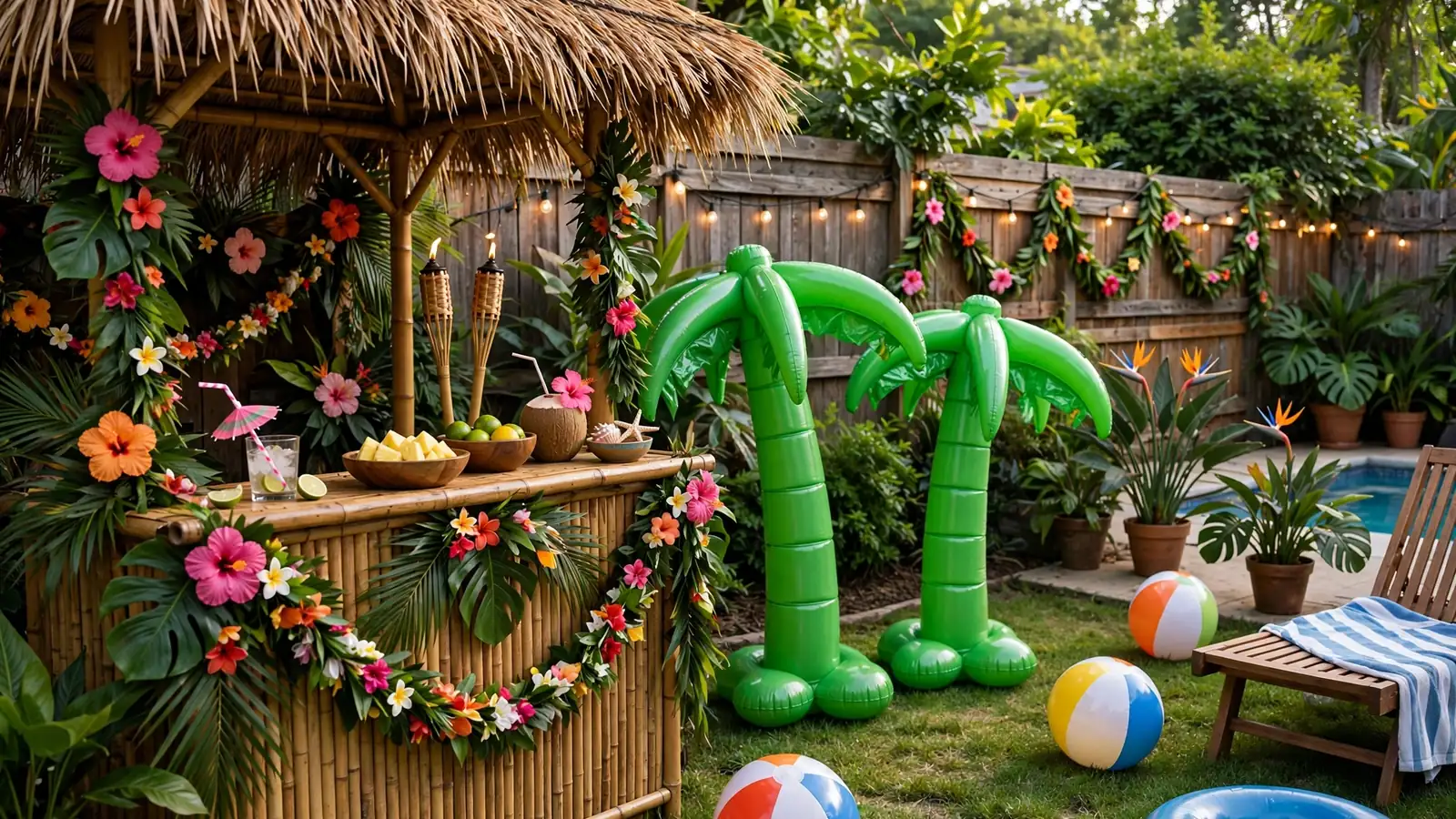 Backyard decorated for a beach party with tiki bar and palms