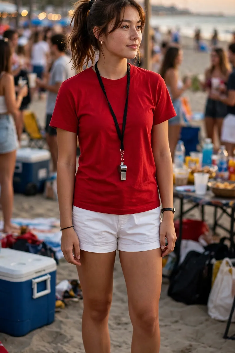 Girl in a red lifeguard outfit for a beach party