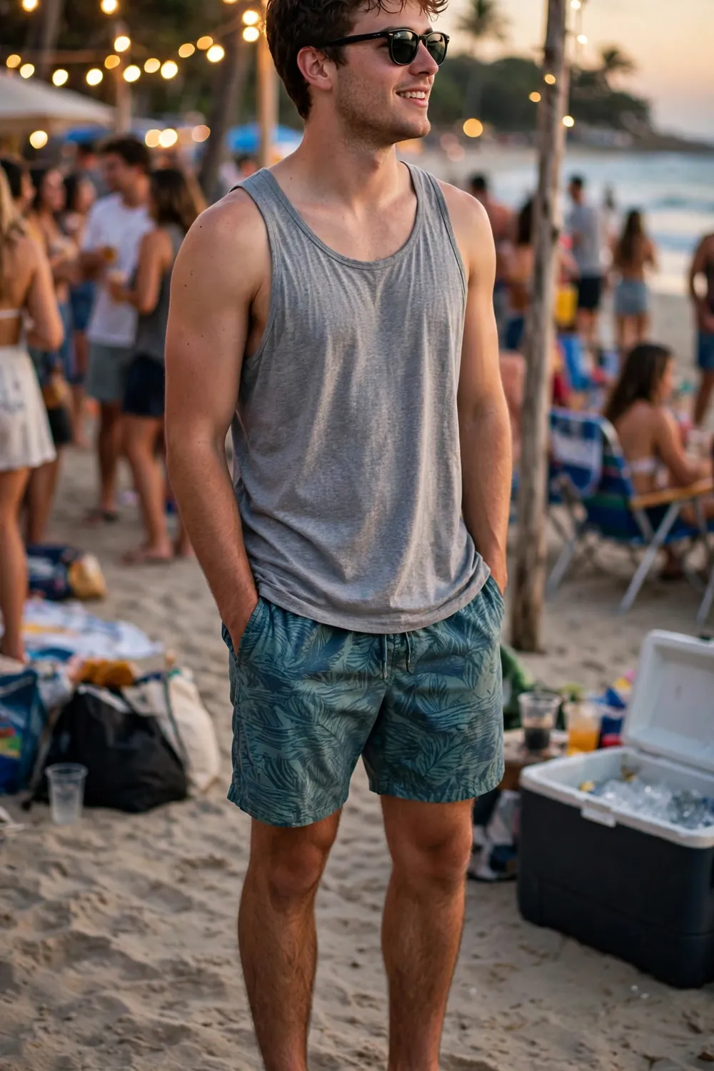 Guy in board shorts and tank at a beach party