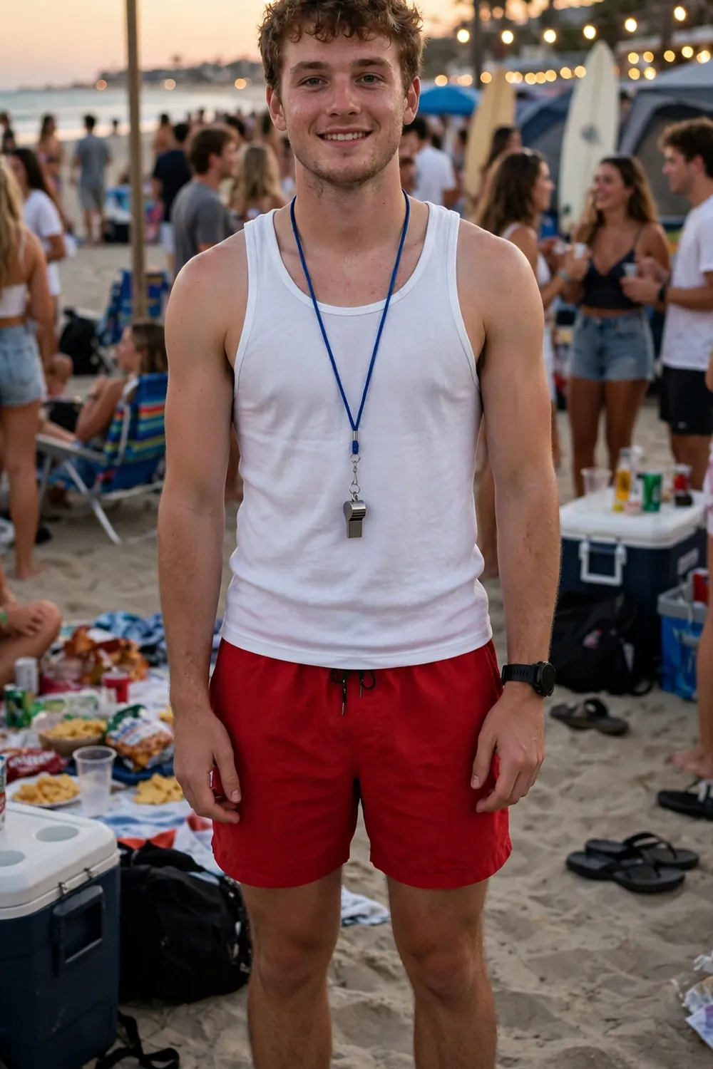 Guy in a lifeguard outfit for a beach party