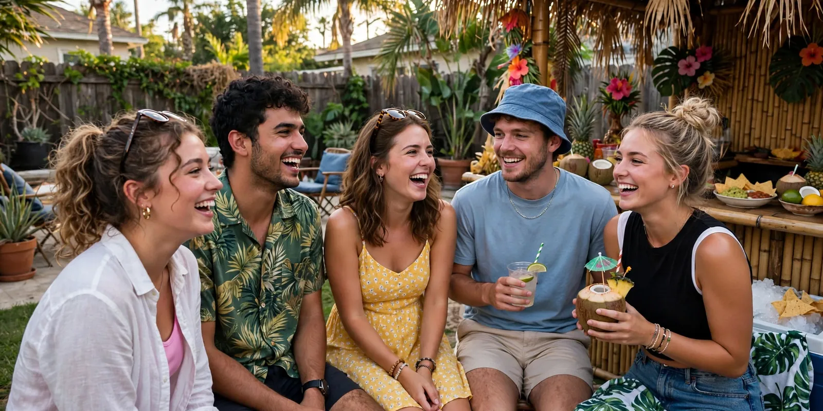 College friends at a beach themed party with tropical decor