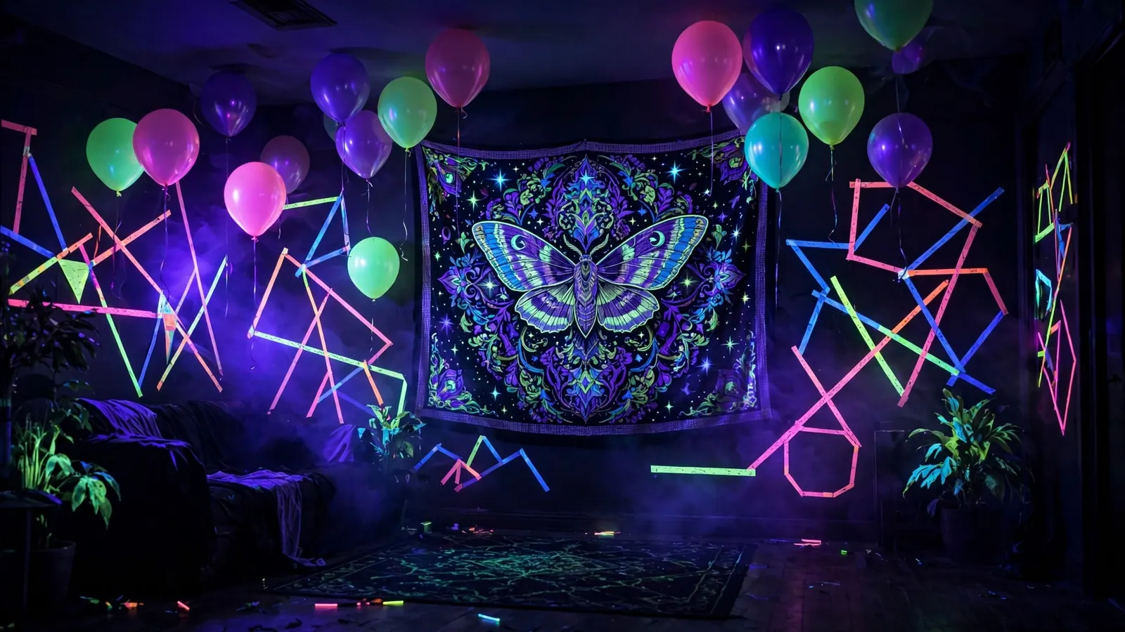 Dark room with blacklight rave decor and glowing tapestries