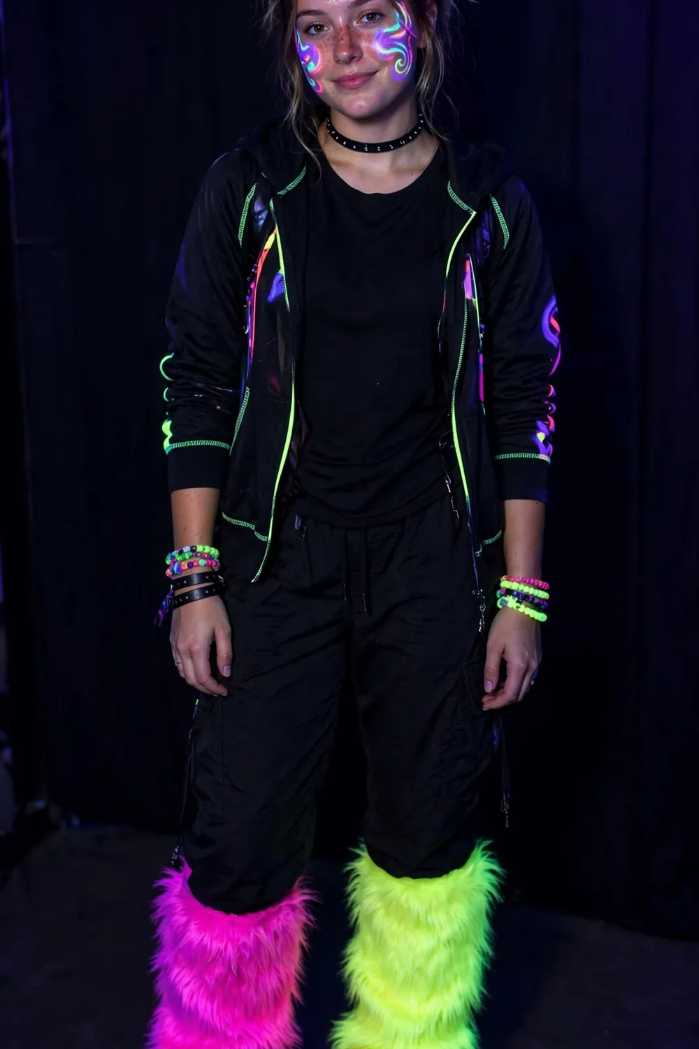 Girl in furry boots rave outfit under blacklight