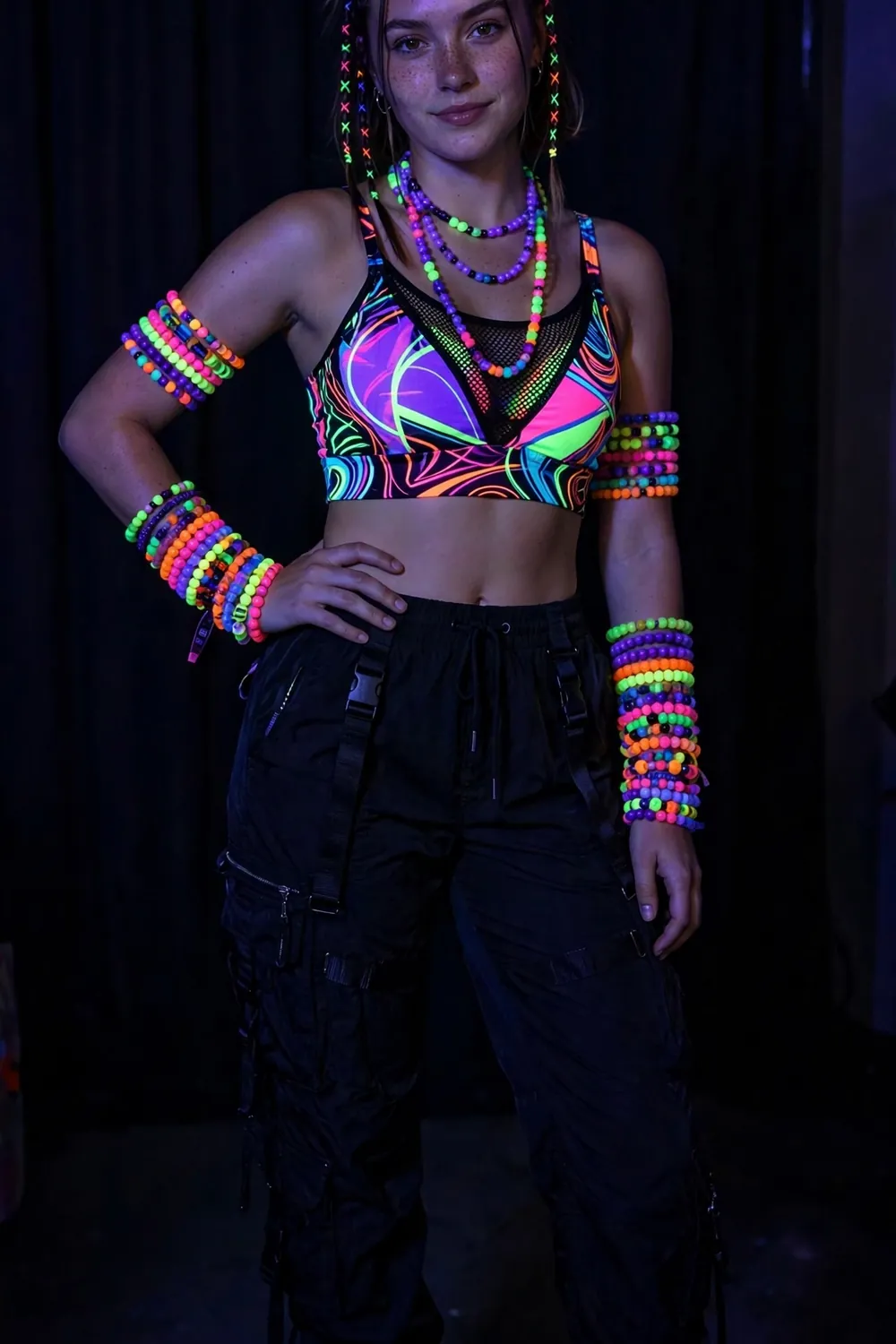 Girl in neon crop top rave outfit under blacklight