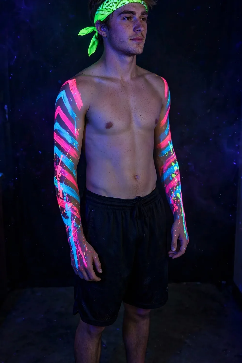 Guy in bandana and tank rave outfit under blacklight
