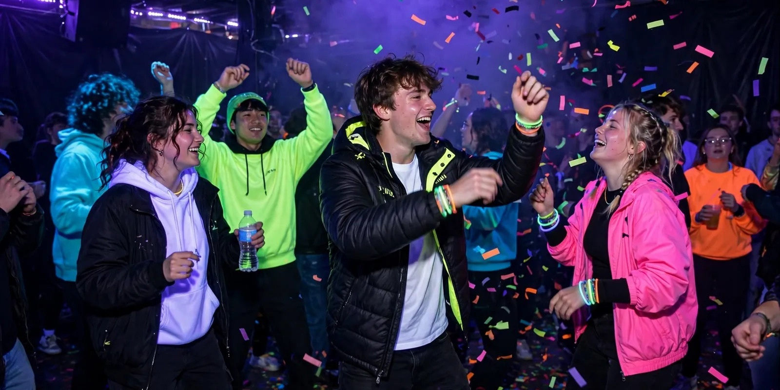 Blacklight rave party with glowing outfits and UV lights