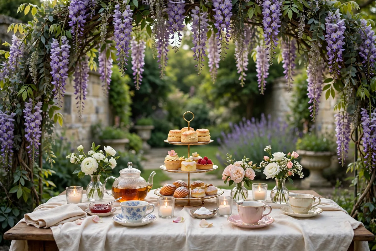 Tea table with cake stand and flowers