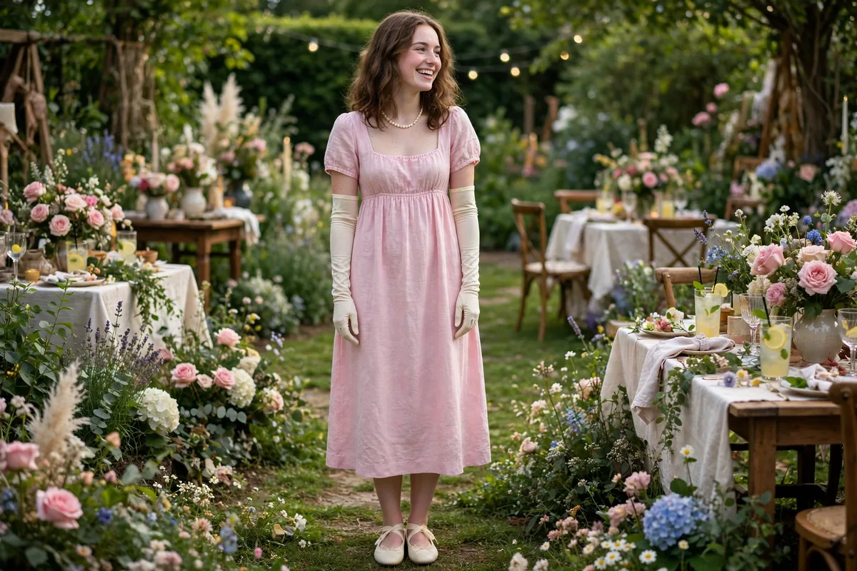Woman in pastel empire-waist dress and gloves