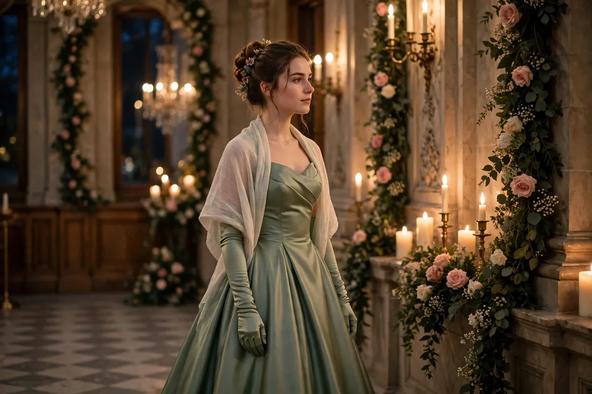 Woman in sage ball gown and long gloves