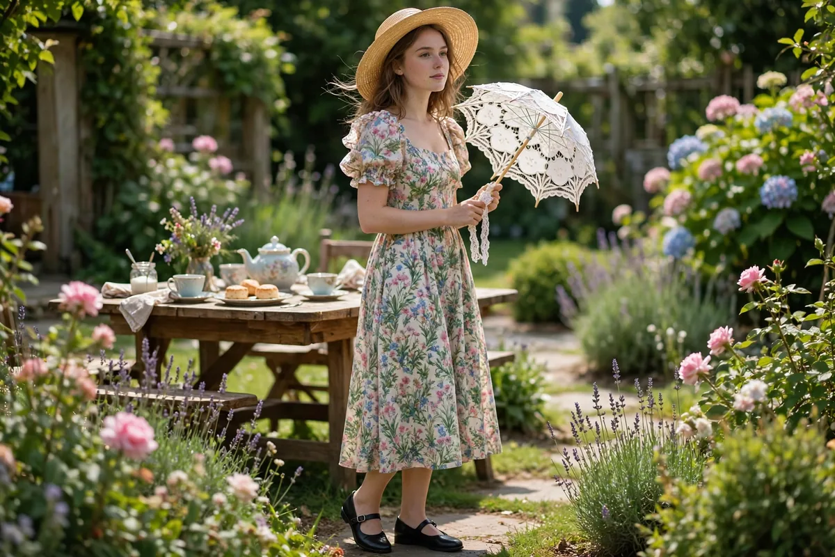 Woman in floral midi dress and straw hat