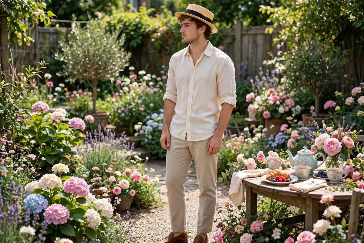 Man in linen shirt and boater hat