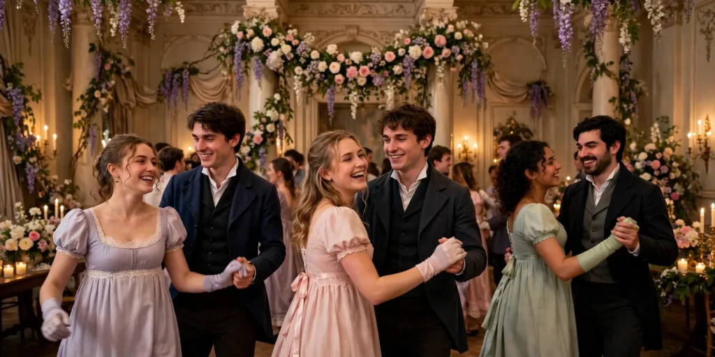 Friends in Regency outfits dancing at a ball