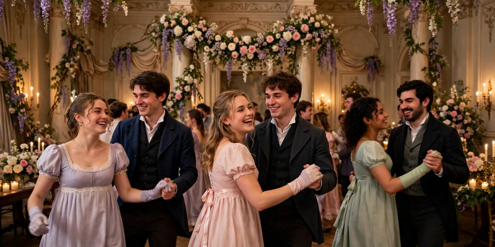 Friends in Regency outfits dancing at a ball