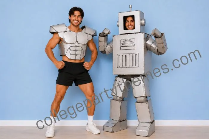 College guys wearing cardboard box armor spray painted silver shoulder pads chest plate anything but clothes ABC party