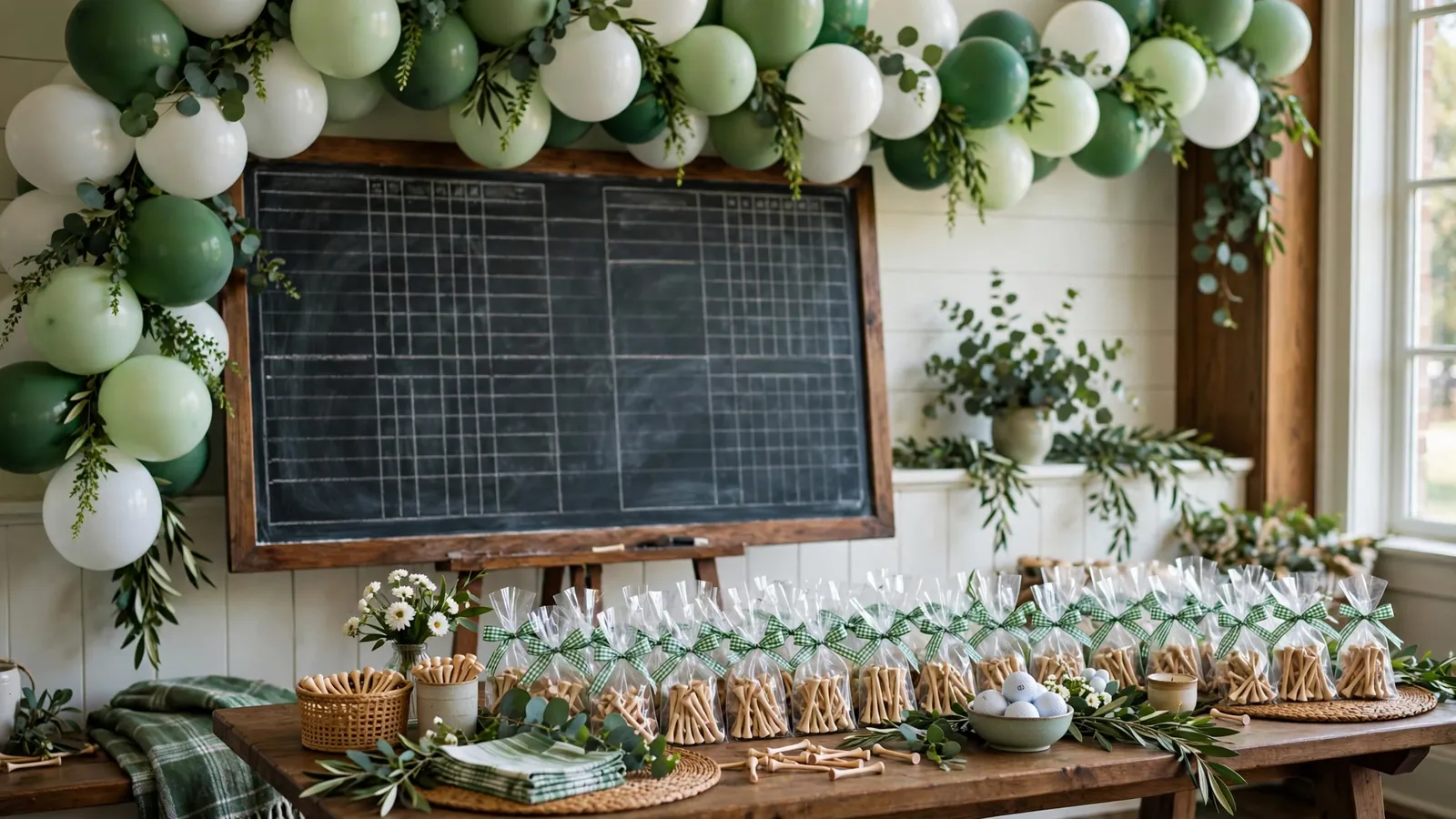 Preppy country club party decor in green and white