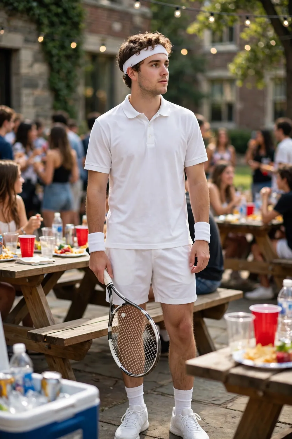 Guy in white tennis outfit for a country club party