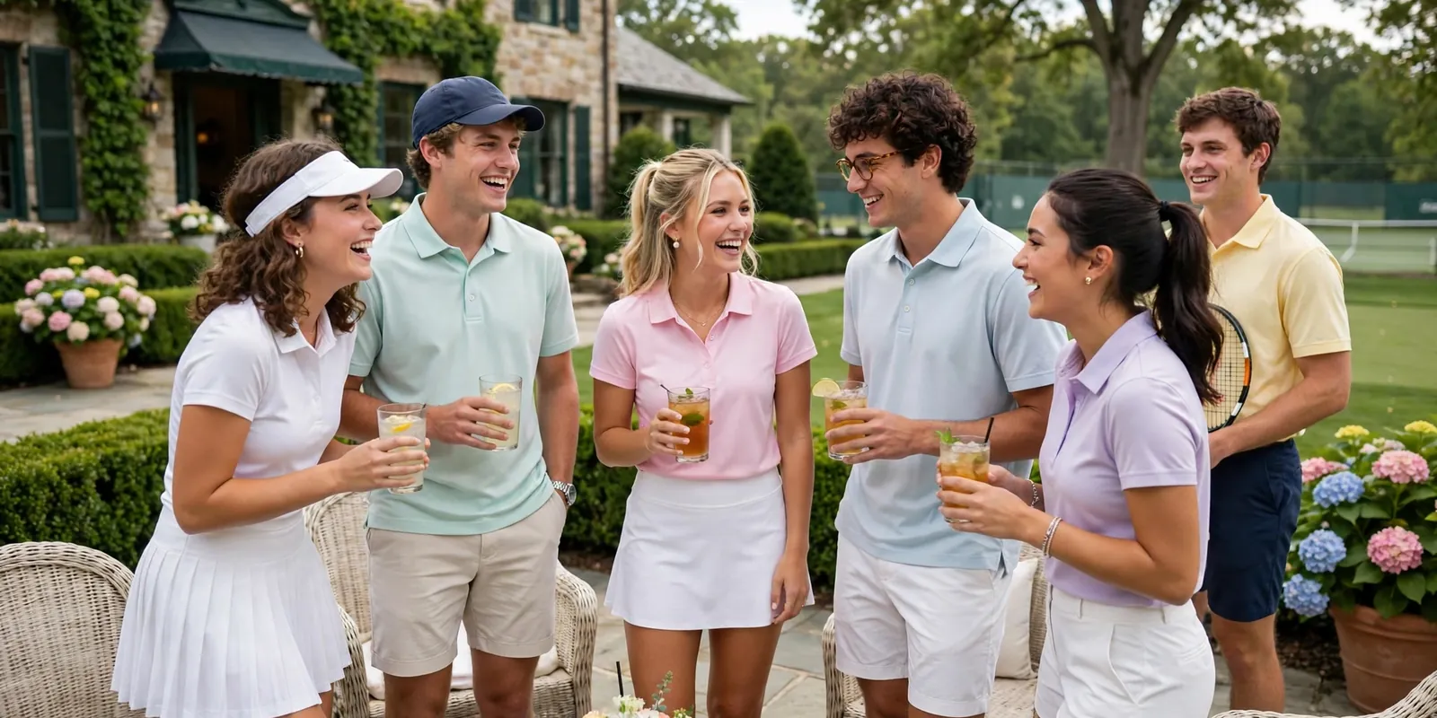 Preppy college friends at a country club themed party