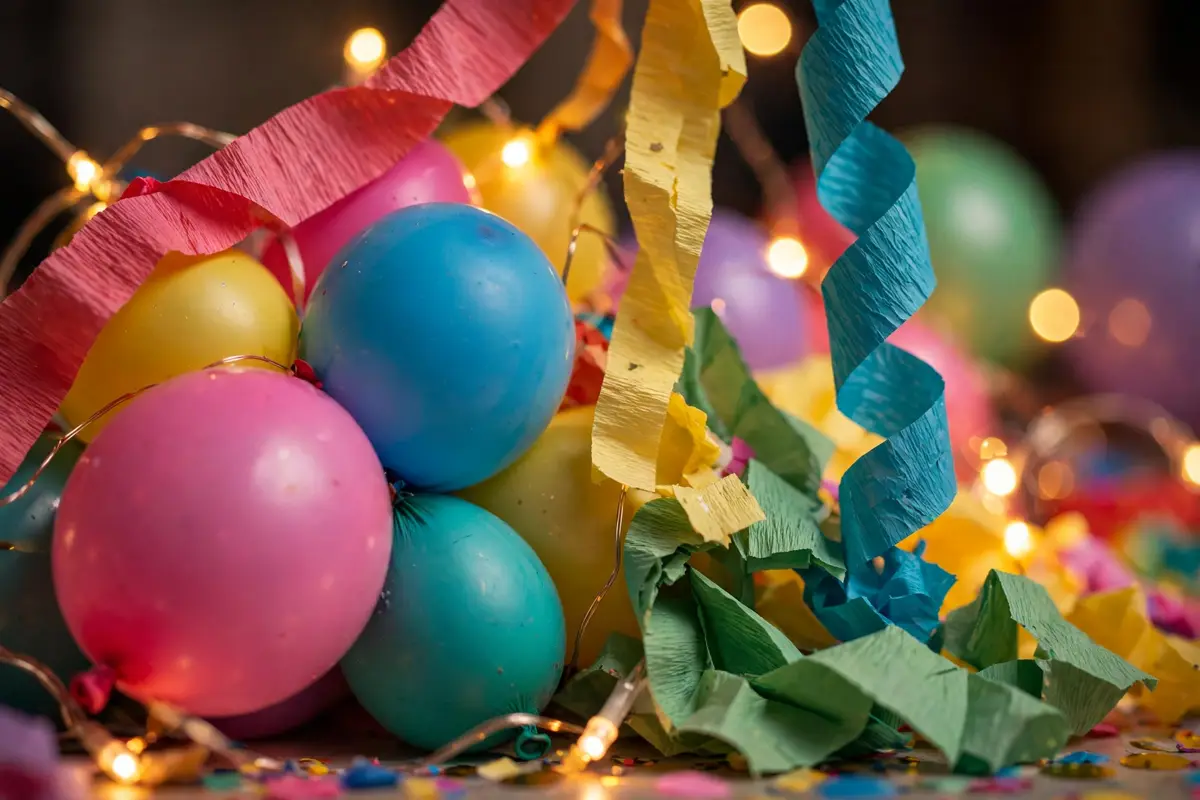 Dollar-store party decor: balloon garland, streamers and fairy lights in a living room