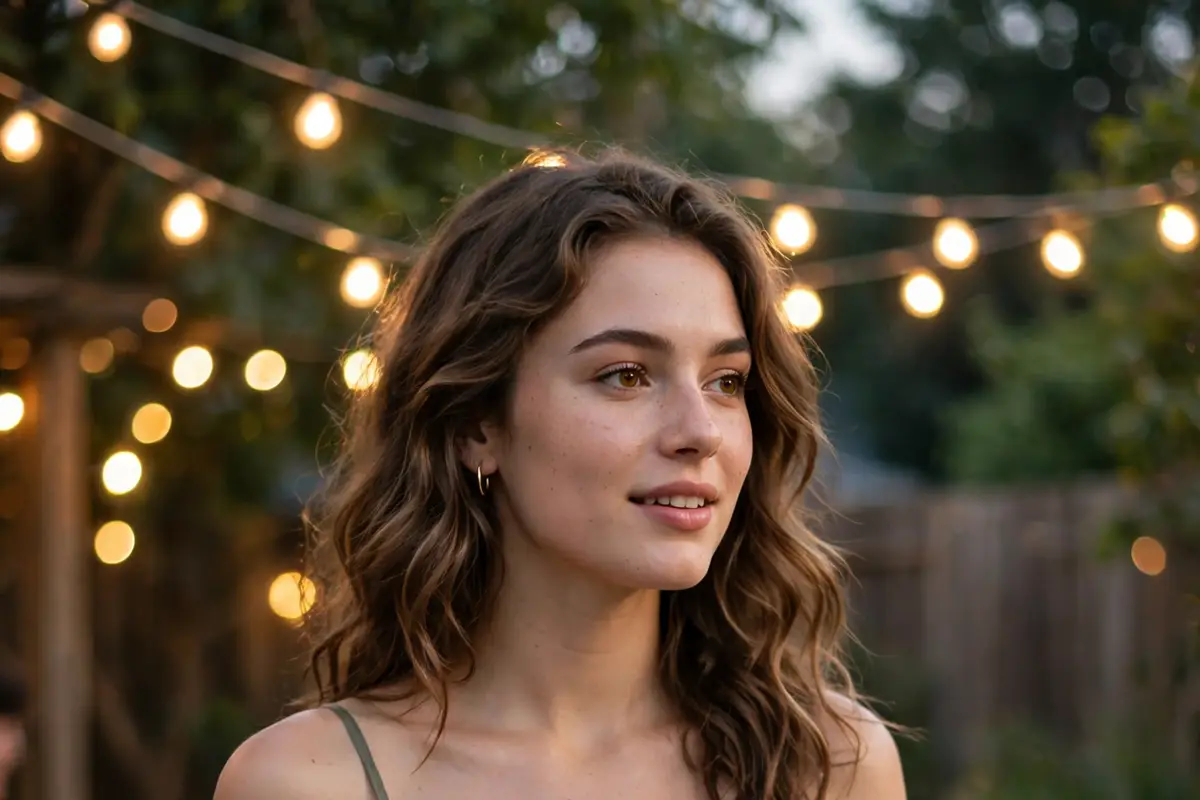 Young woman in a thrifted slip dress and boots at a house party