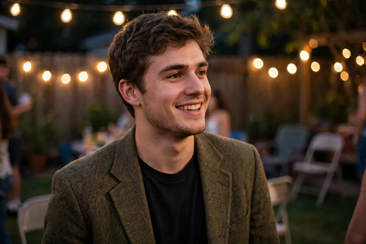 Young man in a thrifted blazer over a plain tee at a party