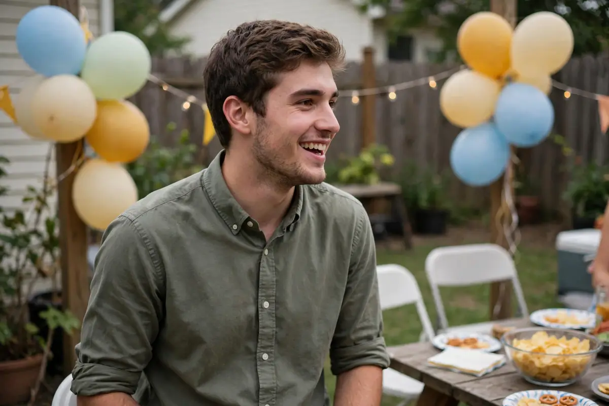 Young man in a thrifted Hawaiian shirt at a house party