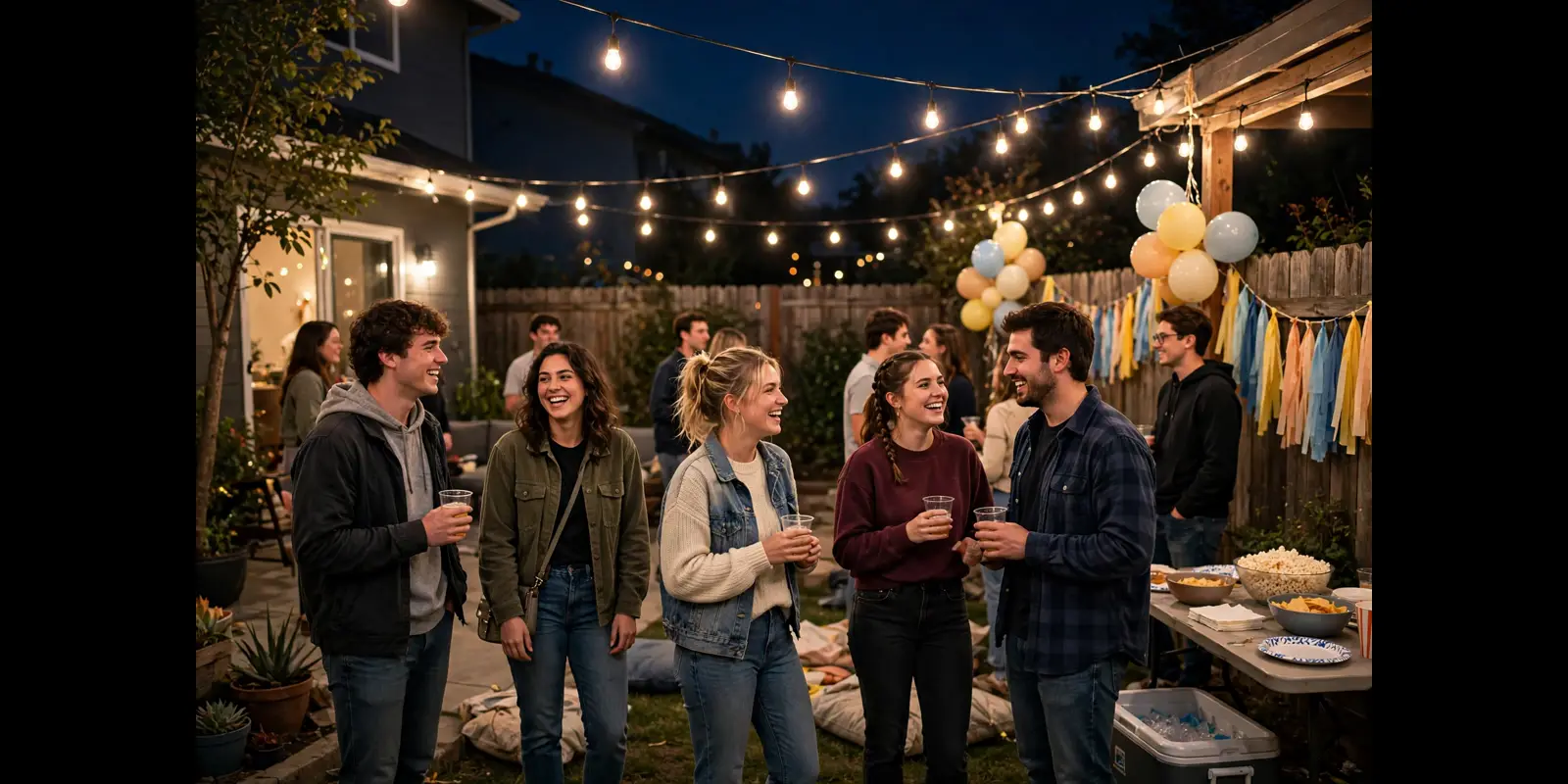 Friends celebrating at a budget-friendly college house party with balloon garland and fairy lights