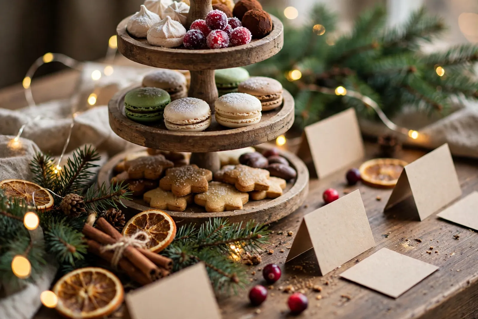 Christmas party food table with red runner, labelled dishes, fairy lights and a wreath-shaped charcuterie centrepiece