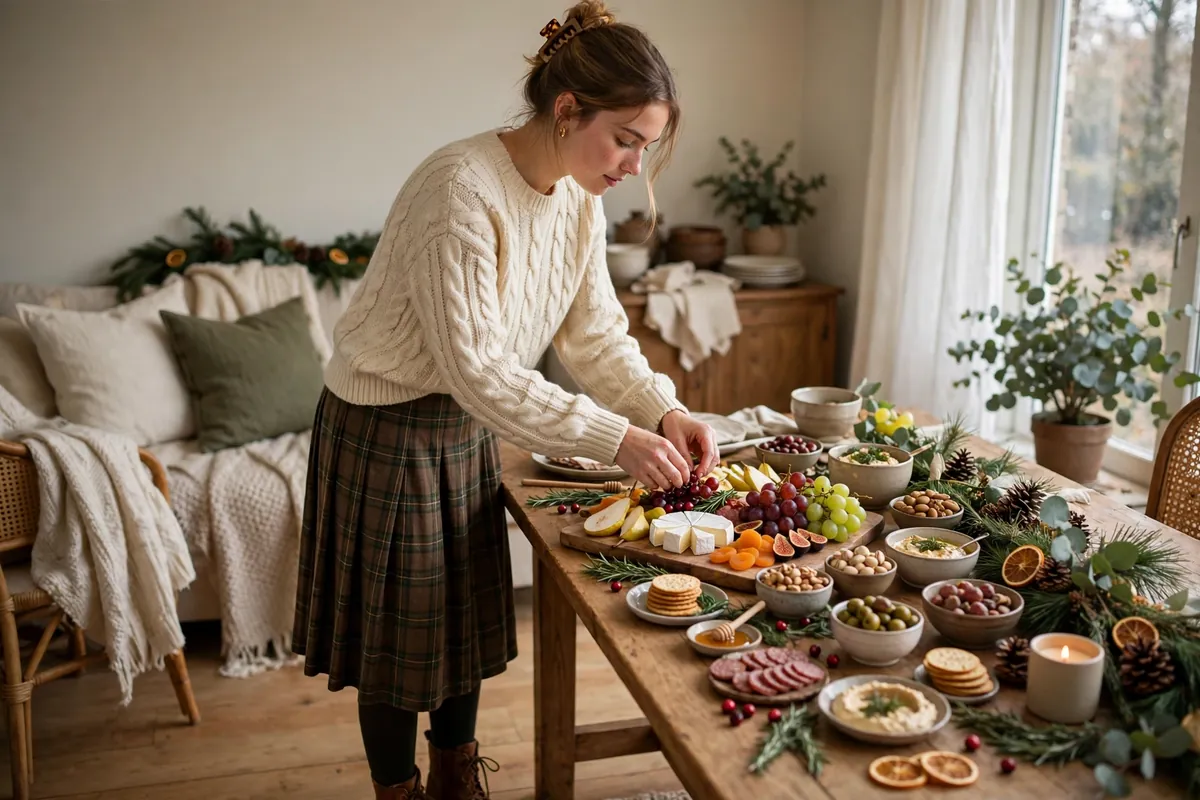 College girl host in a cream chunky knit jumper and black skirt arranging Christmas appetizers