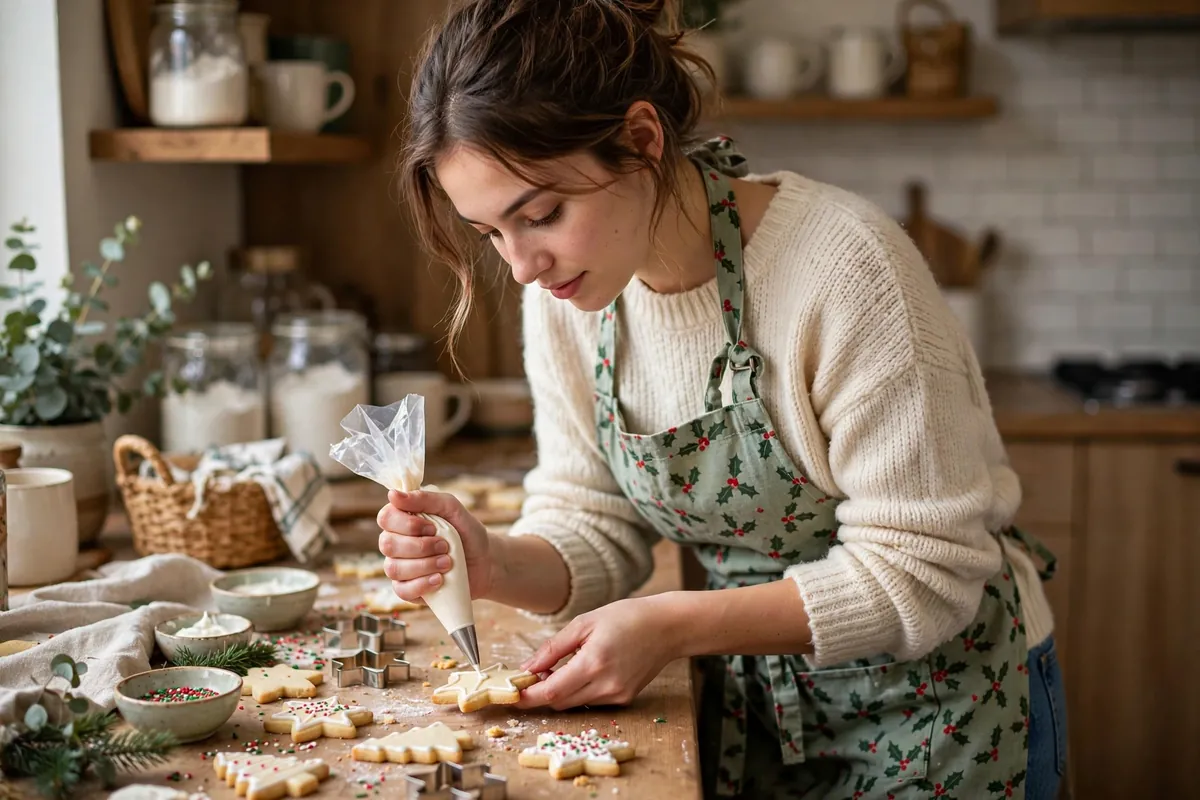 College girl in a striped top and festive apron decorating Christmas cookies