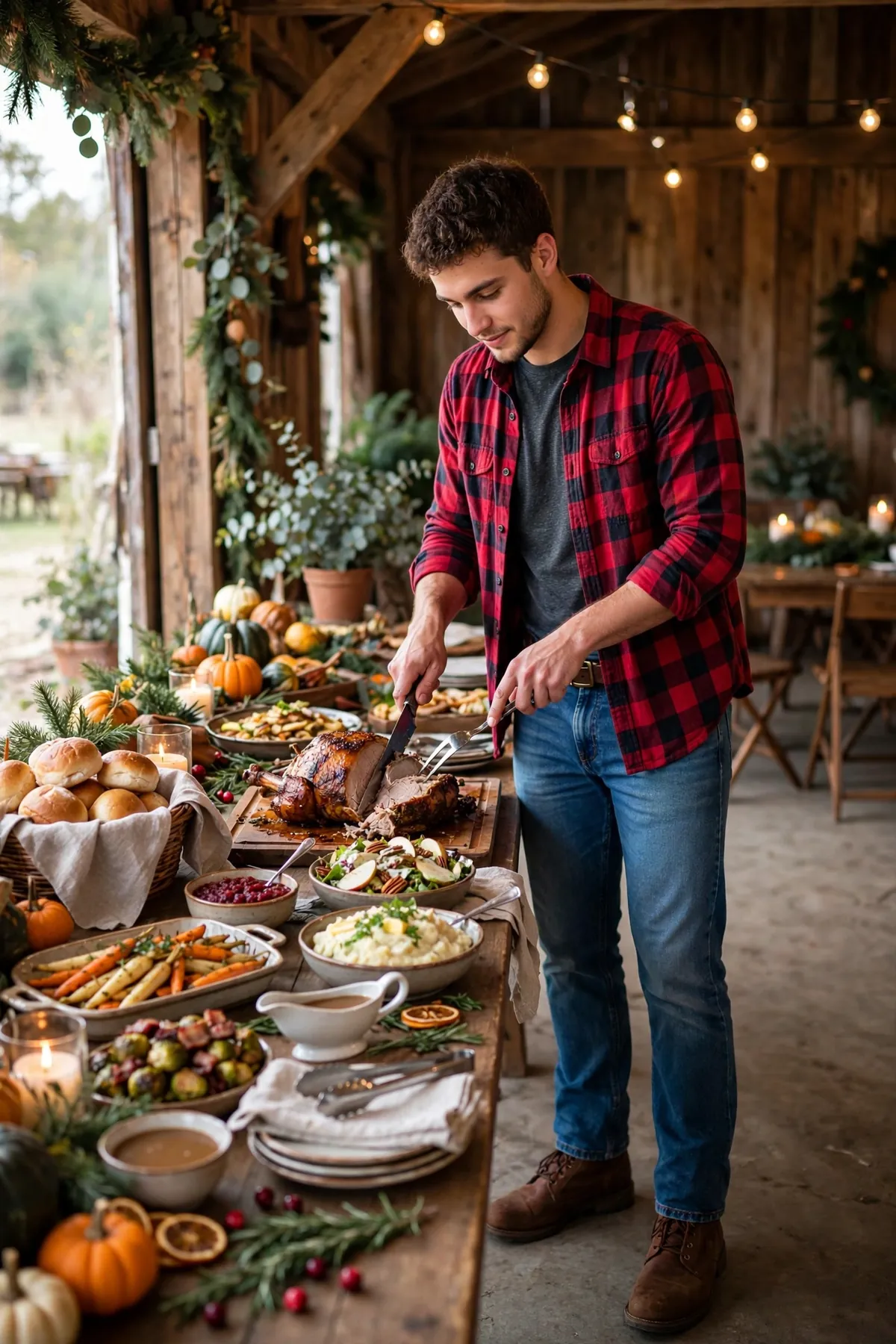 College guy in a red buffalo plaid flannel carving a roast at a Christmas party