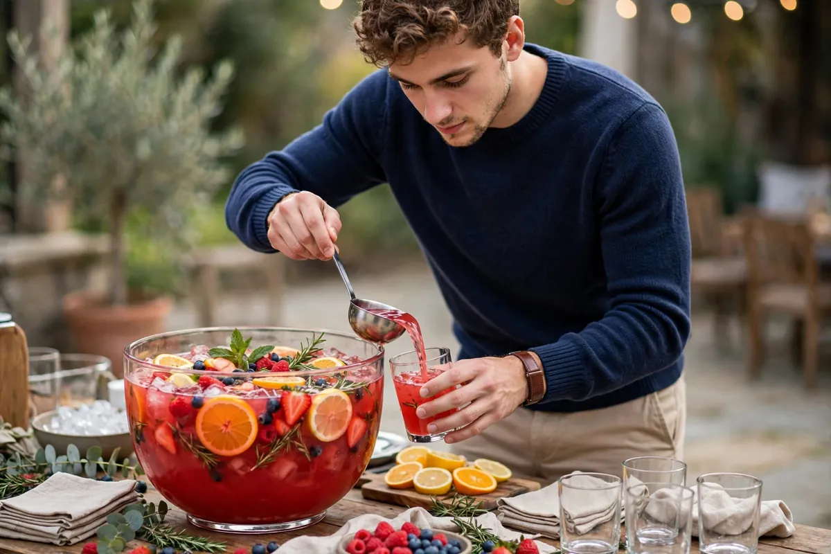 College guy in a forest-green jumper pouring drinks at a Christmas food table