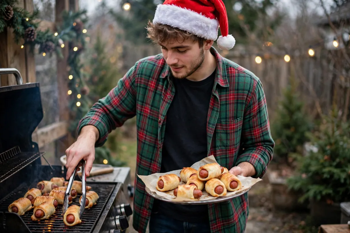 College guy in an ugly Christmas jumper holding a plate of pigs in a blanket