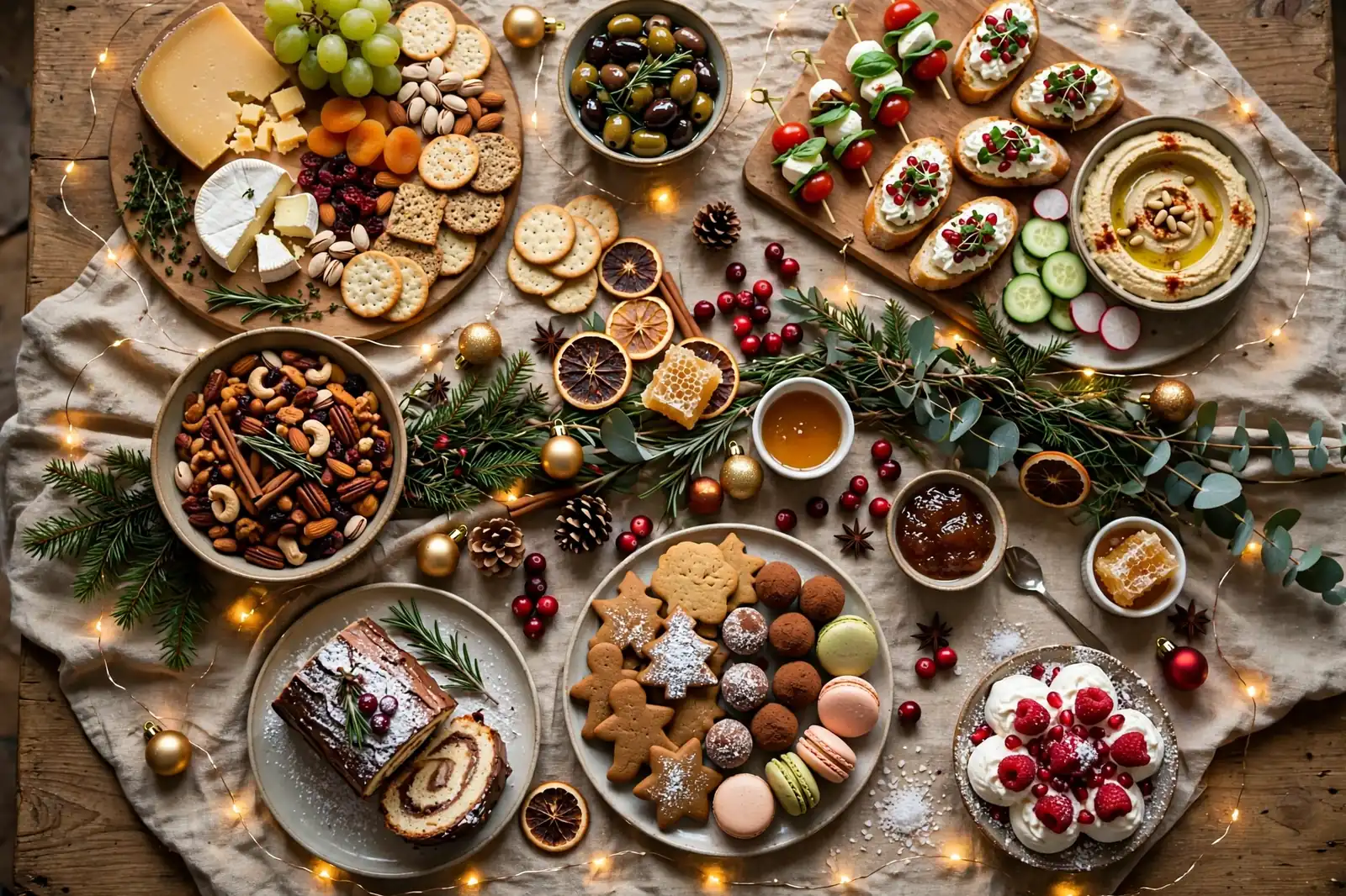 College friends around a Christmas party food table with appetizers, a charcuterie board and fairy lights