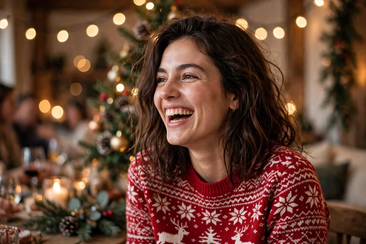 Girl in red sweater and leggings laughing during a Christmas party game