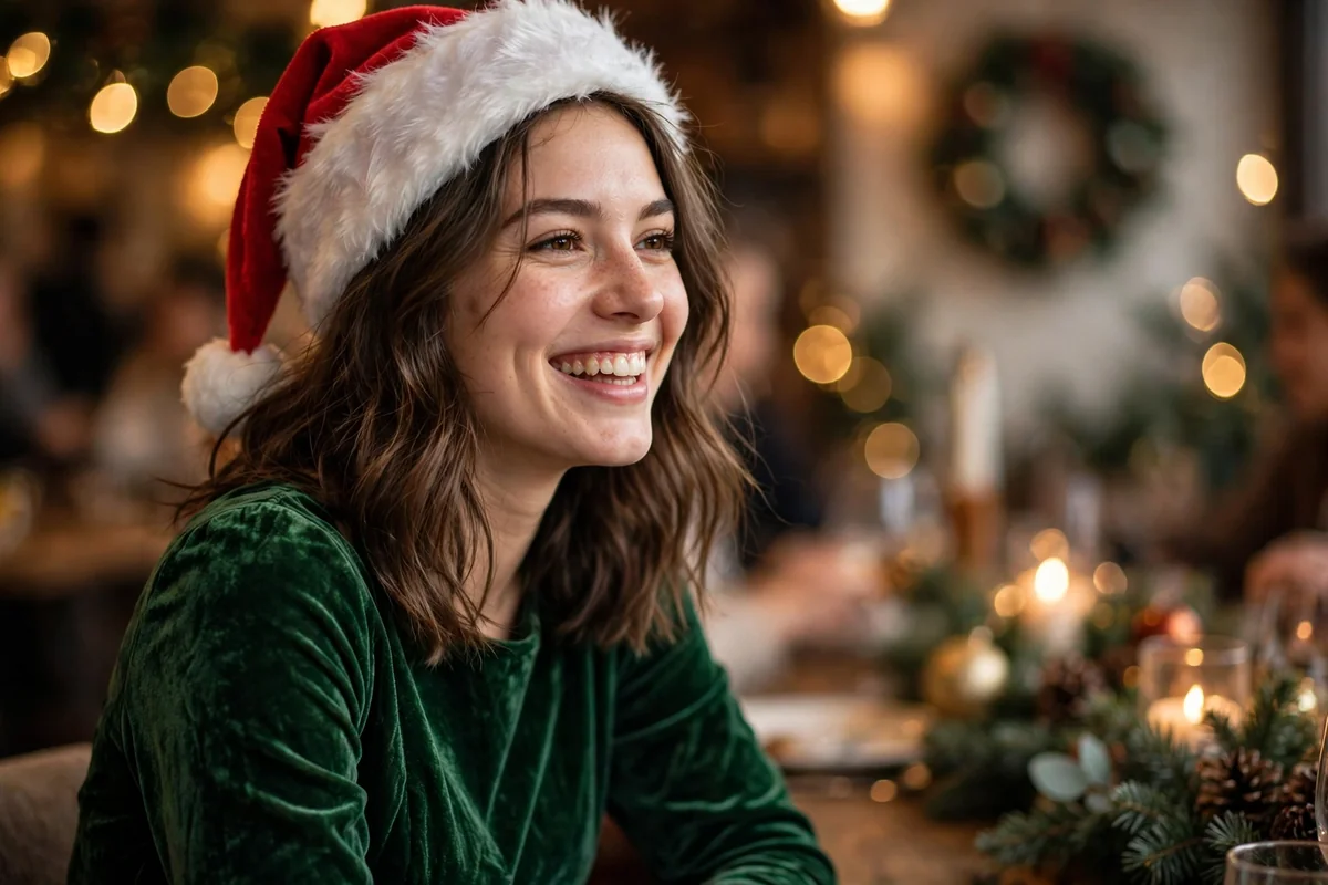 Girl in burgundy satin skirt and Santa headband at game night