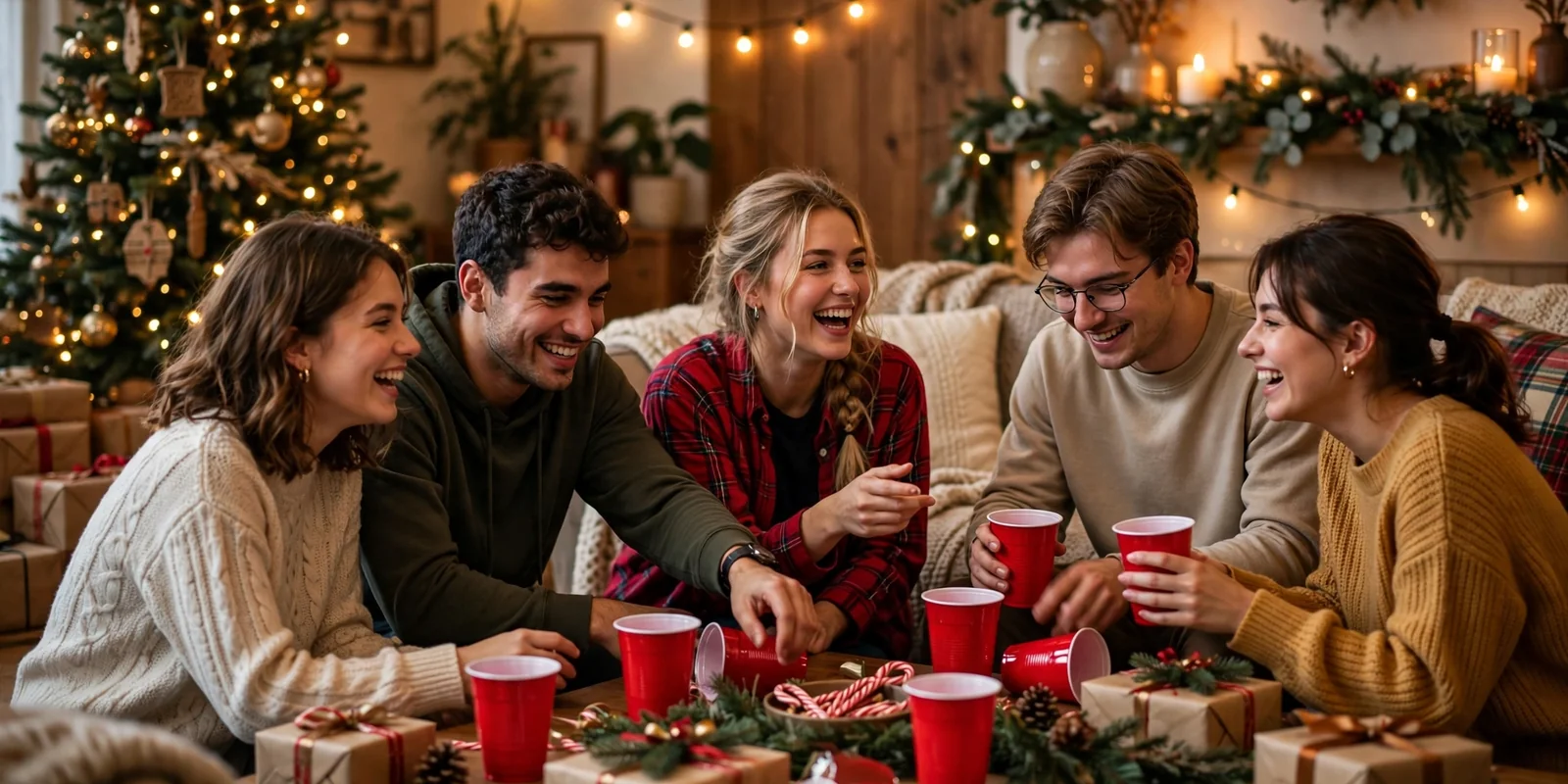 College friends playing Christmas party games in a living room with string lights